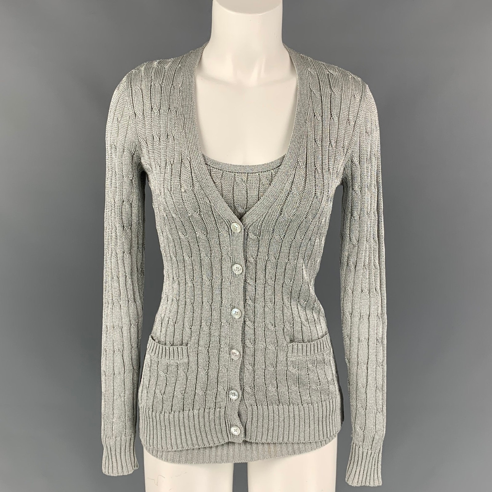 Ralph Lauren Black Label Size S Silver Cable Knit Cardigan Set
